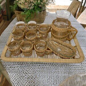 Vintage 70s Wicker & Glass Drinkware COMPLETE Set